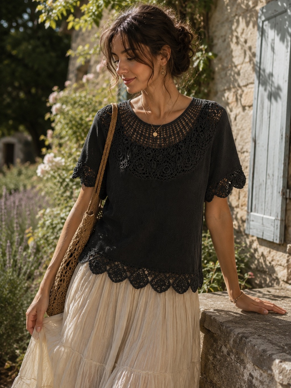 Black Crochet Lace Knit Top Boho Cottagecore Romantic Women L Soft Heavy Flowers